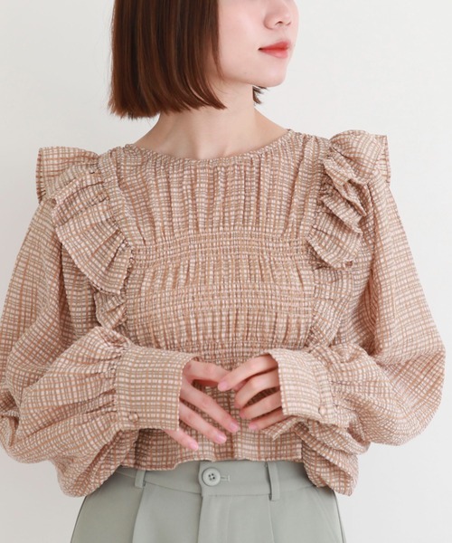 archives(アルシーヴ)の「シアーチェックシャーリングコンパクトブラウス(シャツ/ブラウス・レディース・オフホワイト/ベージュ/グレー・MEDIUM)」の13枚目の写真