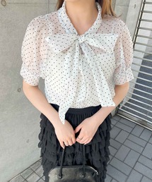 半袖ドットシフォンボウタイブラウス