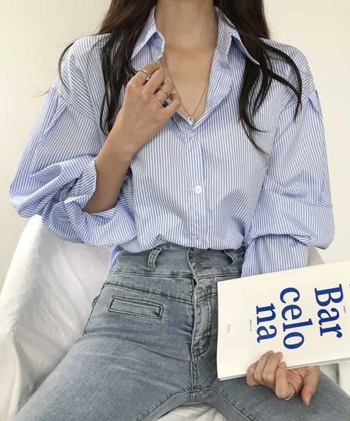 i-dare(アイディア)の「【i-dare】フレア袖ストライプシャツ(シャツ/ブラウス・レディース・ブラック/ブルー・X-LARGE/MEDIUM/SMALL/LARGE)」の7枚目の写真