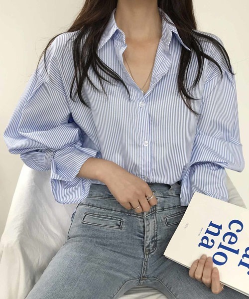 i-dare(アイディア)の「【i-dare】フレア袖ストライプシャツ(シャツ/ブラウス・レディース・ブラック/ブルー・X-LARGE/MEDIUM/SMALL/LARGE)」の9枚目の写真
