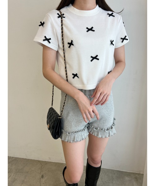 PHILLY(フィリー)の「【PHILLY】ミニリボンワッフルT(Tシャツ/カットソー・レディース・ブラック/ホワイト/グレー・FREE)」の5枚目の写真