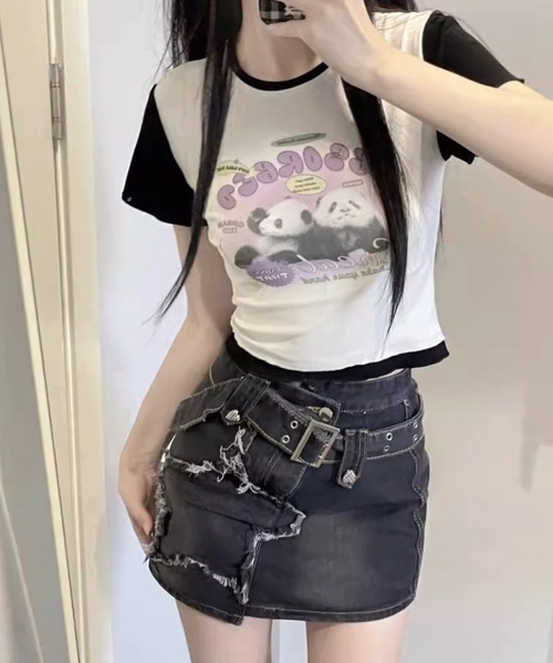 shopnikoniko（ショップニコニコ）の「スターパッチ ワイドベルト デニムミニスカート（スカート・レディース・ブラック・フリー）」の4枚目の写真