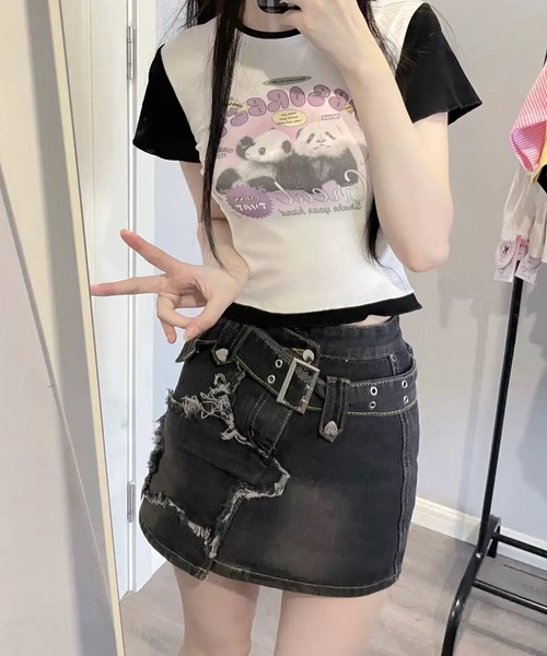 shopnikoniko（ショップニコニコ）の「スターパッチ ワイドベルト デニムミニスカート（スカート・レディース・ブラック・フリー）」の5枚目の写真