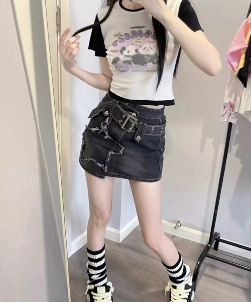shopnikoniko（ショップニコニコ）の「スターパッチ ワイドベルト デニムミニスカート（スカート・レディース・ブラック・フリー）」の7枚目の写真