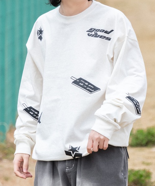 kutir(クティール)の「ドローコード付きランダムロゴロンT(Tシャツ/カットソー・メンズ・オフホワイト/ブラック・MEDIUM/LARGE)」の1枚目の写真