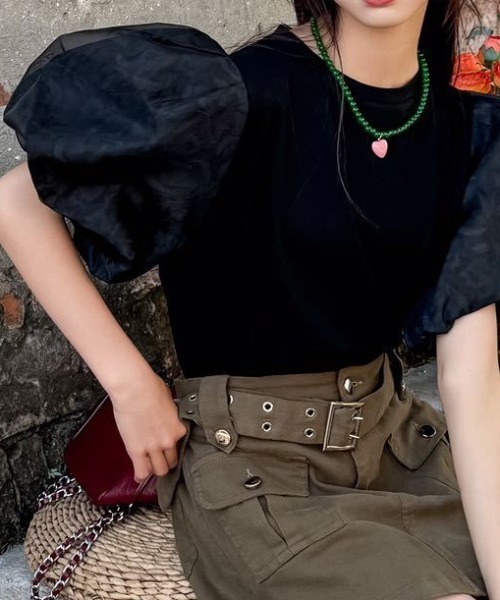 【セール】ボリュームスリーブクルーネック半袖プルオーバー（Tシャツ/カットソー）｜deux amour（ドゥーザムール）