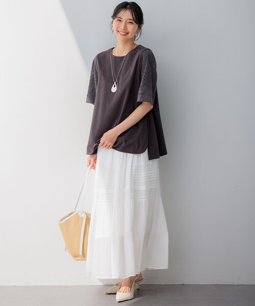 23区 S（ニジュウサンクチイサイサイズ）の「【洗える】エンブロイダリー コンビジャージー カットソー（Tシャツ/カットソー・レディース・ライラック系/ホワイト系/ダークブラウン系・32）」の8枚目の写真