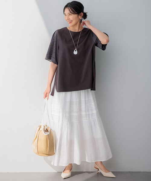 23区 S（ニジュウサンクチイサイサイズ）の「【洗える】エンブロイダリー コンビジャージー カットソー（Tシャツ/カットソー・レディース・ライラック系/ホワイト系/ダークブラウン系・32）」の9枚目の写真