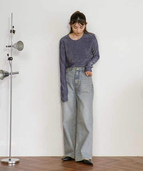 select MOCA(セレクトモカ)の「ラメクルーネックトップス(Tシャツ/カットソー・レディース・ベージュ/ネイビー/グリーン/ブラック・FREE)」の7枚目の写真