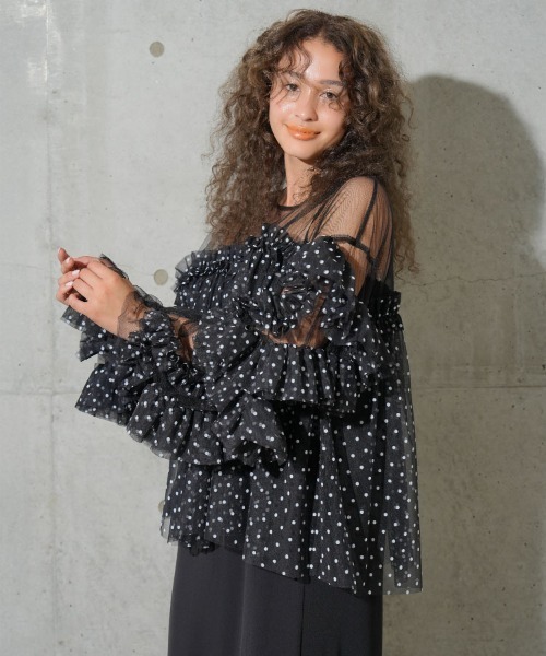 セール】【ANDRESD】decorative tulle tops チュール フリル ブラウス