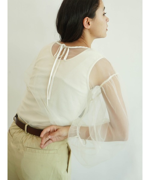 FIKA.(フィーカ)の「Back ribbon tulle blouse(Tシャツ/カットソー・レディース・ブラック/オフホワイト・FREE)」の1枚目の写真