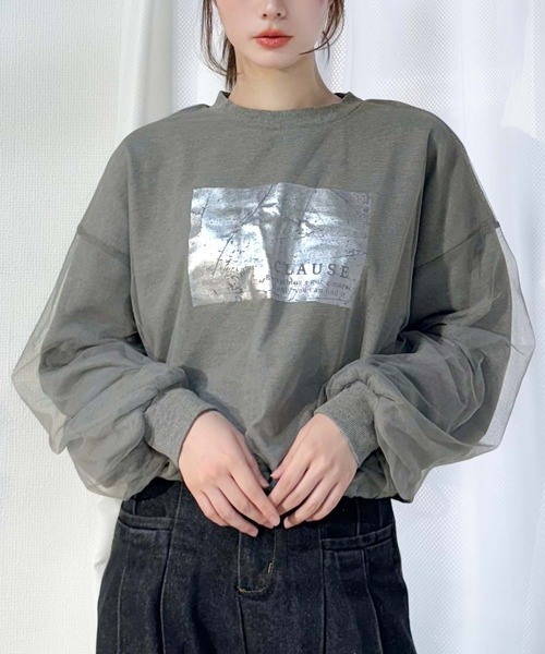 mily bilet(ミウィビレット)の「【mily bilet】楽しむチュール素材。箔プリントチュール重ねスピンドルスウェット(スウェット・レディース・アイボリー/オートミール/杢グレー/チャコールグレー・MEDIUM/LARGE/X-LARGE/SMALL)」の3枚目の写真