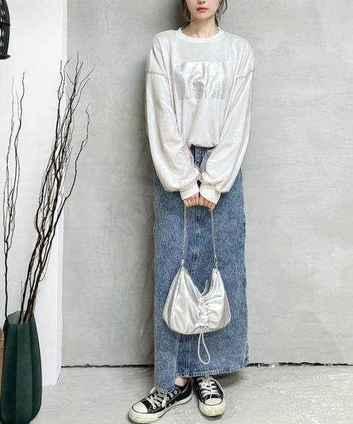 mily bilet(ミウィビレット)の「【mily bilet】楽しむチュール素材。箔プリントチュール重ねスピンドルスウェット(スウェット・レディース・アイボリー/オートミール/杢グレー/チャコールグレー・MEDIUM/LARGE/X-LARGE/SMALL)」の7枚目の写真