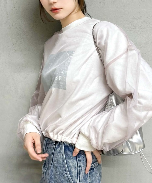 mily bilet(ミウィビレット)の「【mily bilet】楽しむチュール素材。箔プリントチュール重ねスピンドルスウェット(スウェット・レディース・アイボリー/オートミール/杢グレー/チャコールグレー・MEDIUM/LARGE/X-LARGE/SMALL)」の5枚目の写真