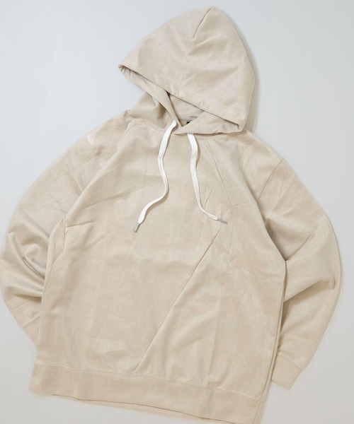 Ritzy(リッツィー)の「faux suede switching design cutsew/スウェードタッチ 切り替えデザイン パーカー レディース メンズ(パーカー・メンズ・オフホワイト/チャコールグレー/ブラック/グレイッシュベージュ/サックスブルー・M/L/XL)」の2枚目の写真