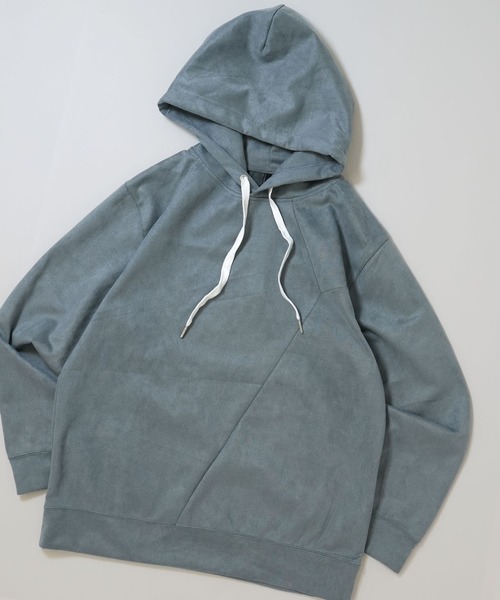 Ritzy(リッツィー)の「faux suede switching design cutsew/スウェードタッチ 切り替えデザイン パーカー レディース メンズ(パーカー・メンズ・オフホワイト/チャコールグレー/ブラック/グレイッシュベージュ/サックスブルー・M/L/XL)」の5枚目の写真