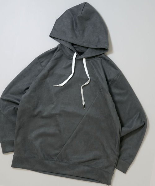 Ritzy(リッツィー)の「faux suede switching design cutsew/スウェードタッチ 切り替えデザイン パーカー レディース メンズ(パーカー・メンズ・オフホワイト/チャコールグレー/ブラック/グレイッシュベージュ/サックスブルー・M/L/XL)」の4枚目の写真