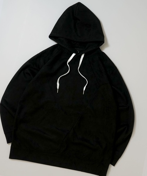 Ritzy(リッツィー)の「faux suede switching design cutsew/スウェードタッチ 切り替えデザイン パーカー レディース メンズ(パーカー・メンズ・オフホワイト/チャコールグレー/ブラック/グレイッシュベージュ/サックスブルー・M/L/XL)」の3枚目の写真