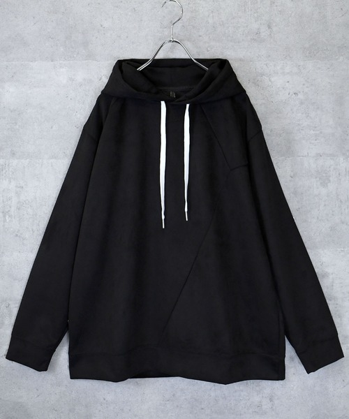 Ritzy(リッツィー)の「faux suede switching design cutsew/スウェードタッチ 切り替えデザイン パーカー レディース メンズ(パーカー・メンズ・オフホワイト/チャコールグレー/ブラック/グレイッシュベージュ/サックスブルー・M/L/XL)」の7枚目の写真