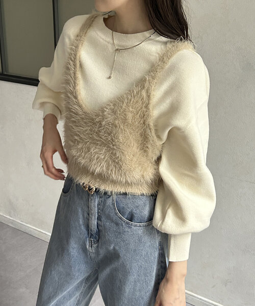 Thevon(ゼボン)の「シャギービスチェセットニット(ニット/セーター・レディース・グレイッシュベージュ/アイボリー/グレー・FREE)」の5枚目の写真