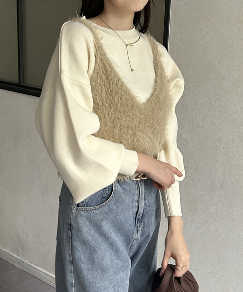 Thevon(ゼボン)の「シャギービスチェセットニット(ニット/セーター・レディース・グレイッシュベージュ/アイボリー/グレー・FREE)」の7枚目の写真