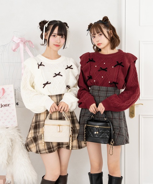 セール】【7周年記念アイテム】肩フリルリボンパールニット【ZOZOTOWN