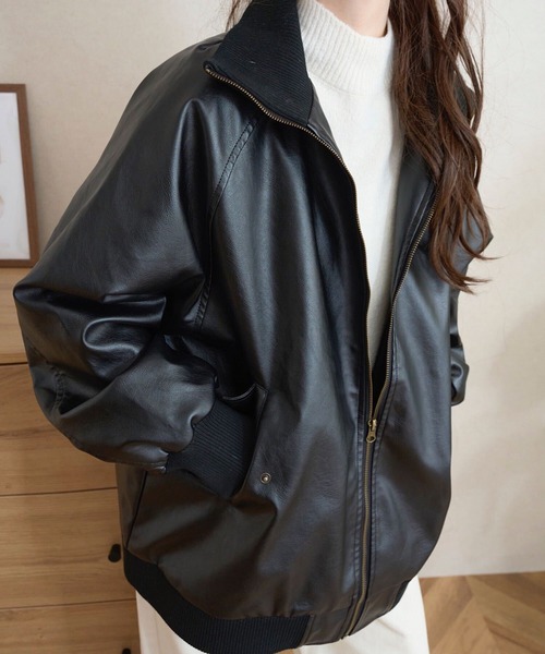 セール】ハイネックフェイクレザーブルゾン（ブルゾン）｜KOBE LETTUCE