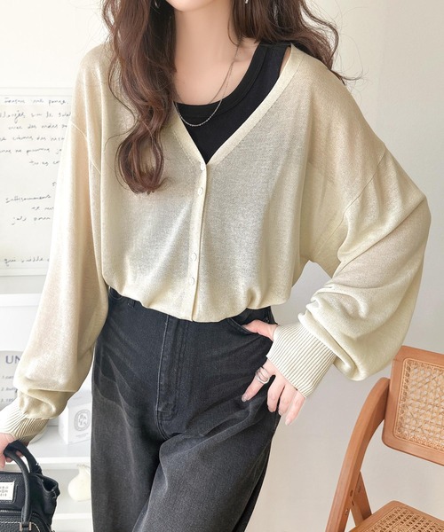 classicalelf（クラシカルエルフ）の「【羽織り/持ち運び便利！】シアーパフスリーブサムホールVネックニットカーディガン（長袖）（カーディガン/ボレロ・レディース・ライトブルー/アイボリー/グレイッシュベージュ/ブラック・X-LARGE/SMALL/MEDIUM/LARGE）」の15枚目の写真