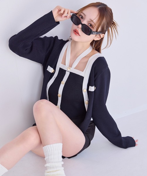 【セット対応】NICE CLAUP 配色ニットカーディガン set one after another NICE CLAUP カーディガン セット対応/配色