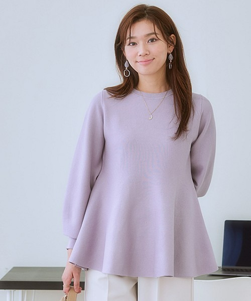 7days Life Styling(セブンデイズライフスタイリング)の「ペプラムパフスリーブニット(乾燥機OK・ウォッシャブル・静電防止・毛玉になりにくい・UVカット)<大きいサイズ有>(ニット/セーター・レディース・サックスブルー/ラベンダー/ネイビー/グリーン・4L/3L/LL/L/M/S/6L/5L)」の4枚目の写真