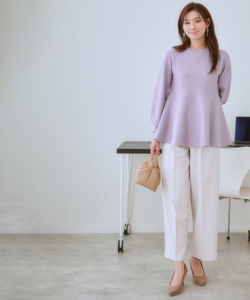 7days Life Styling(セブンデイズライフスタイリング)の「ペプラムパフスリーブニット(乾燥機OK・ウォッシャブル・静電防止・毛玉になりにくい・UVカット)<大きいサイズ有>(ニット/セーター・レディース・サックスブルー/ラベンダー/ネイビー/グリーン・4L/3L/LL/L/M/S/6L/5L)」の12枚目の写真