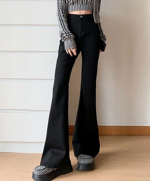 レイヤード ブラック フレアパンツ フリーサイズ フレアパンツ レディース 黒[品番：JOKW0011768]｜REAL STYLE