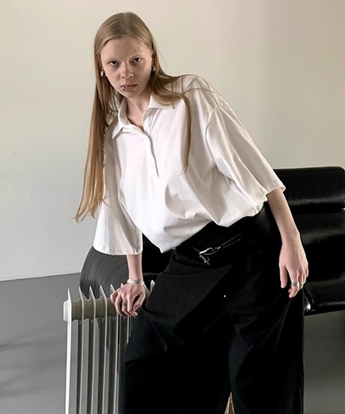 LONSLAN(ロンスラン)の「ハーフスリーブビッグポロシャツ LON25s010(ポロシャツ・レディース・ホワイト/ホワイト×ブラック/グレー・M/S)」の4枚目の写真