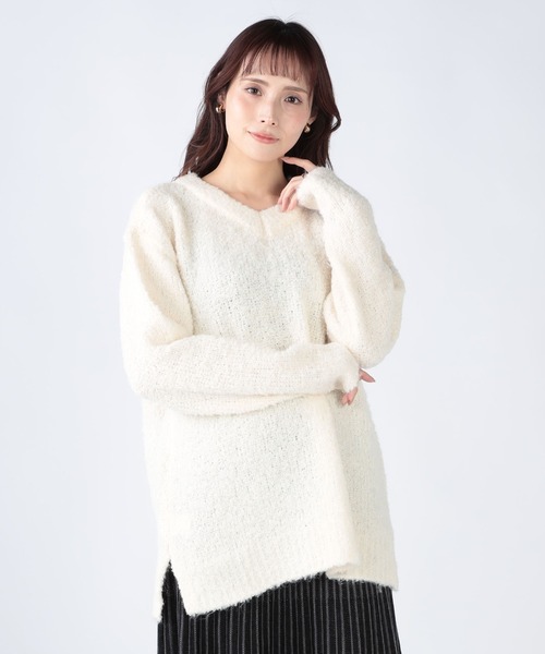 CECIL McBEE（セシルマクビー）の「ブークレ前後２WAYチュニック（ニット/セーター・レディース・ライトベージュ/ブラック/ライトグレー/ベージュ・MEDIUM）」の5枚目の写真