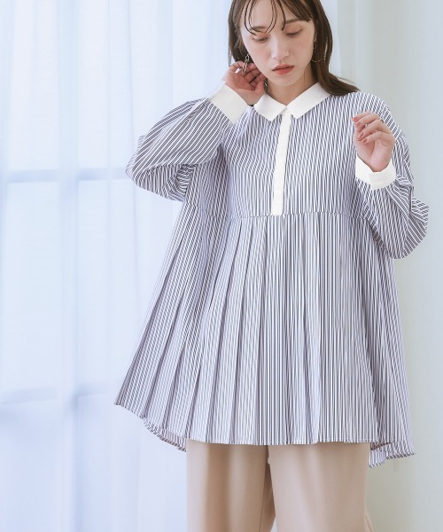 SMILE LAND（スマイルランド）の「＜大きいサイズ＞ タックシャツチュニック（シャツ/ブラウス・レディース・パープル系/ネイビー系/ブラック系/ホワイト系/オフホワイト・L/5L/4L/3L/LL）」の3枚目の写真