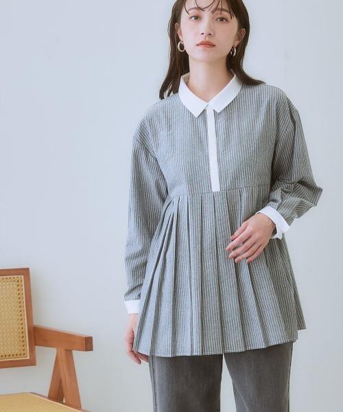 SMILE LAND（スマイルランド）の「＜大きいサイズ＞ タックシャツチュニック（シャツ/ブラウス・レディース・パープル系/ネイビー系/ブラック系/ホワイト系/オフホワイト・L/5L/4L/3L/LL）」の4枚目の写真