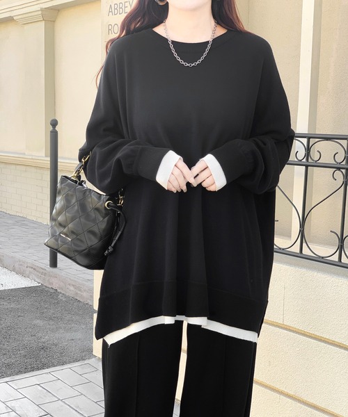 重ね着風 ニット チュニック丈 オーバーサイズトップス（ニット