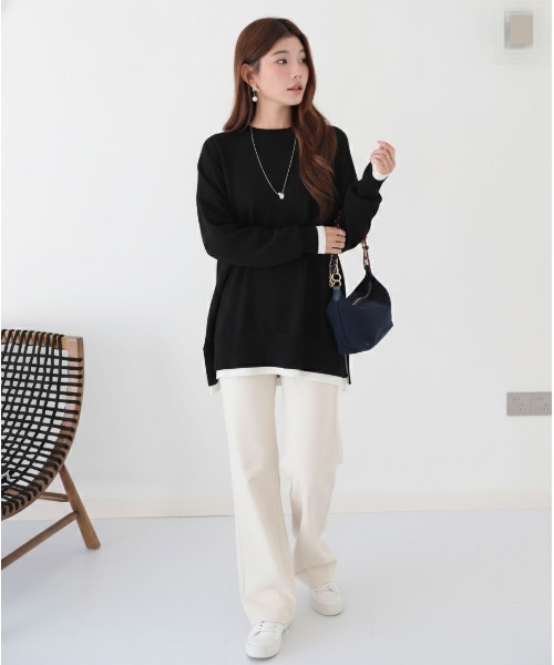 by LEGNA（バイレグナ）の「重ね着風 ニット チュニック丈 オーバーサイズトップス（ニット/セーター・レディース・ホワイト×ブラック/杢グレー/ブラック/ベビーピンク・FREE）」の20枚目の写真