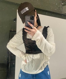 ISOOK | フリルベロアビスチェ(kiharu select)/ショート丈 クロップド丈 レイヤード 黒 茶 ブラック ブラウン(その他トップス)