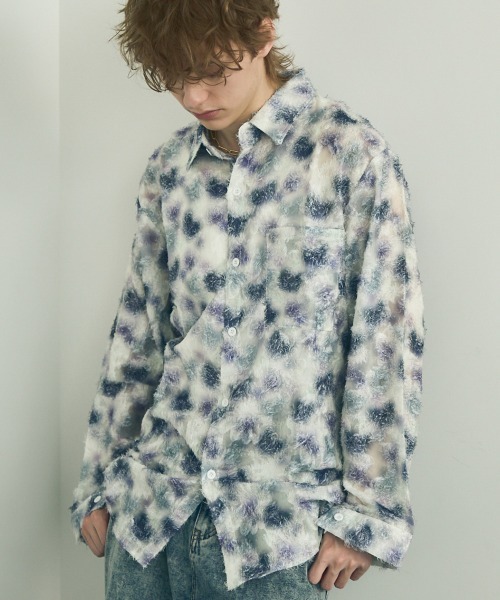 Shoowtime(ショウタイム)の「Painting Design Long Sleeve Sheer Shirt / ペインティングデザインロングスリーブシアーシャツ(シャツ/ブラウス・メンズ・ホワイト系その他2/ホワイト系その他・MEDIUM/LARGE/X-LARGE)」の1枚目の写真
