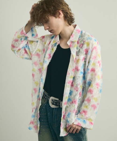 Shoowtime(ショウタイム)の「Painting Design Long Sleeve Sheer Shirt / ペインティングデザインロングスリーブシアーシャツ(シャツ/ブラウス・メンズ・ホワイト系その他2/ホワイト系その他・MEDIUM/LARGE/X-LARGE)」の3枚目の写真