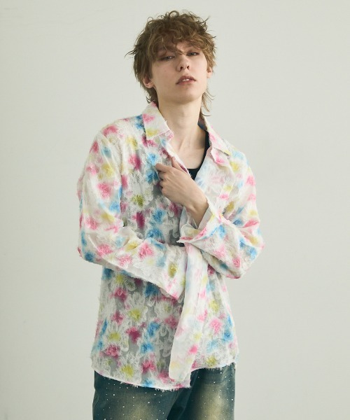 Shoowtime(ショウタイム)の「Painting Design Long Sleeve Sheer Shirt / ペインティングデザインロングスリーブシアーシャツ(シャツ/ブラウス・メンズ・ホワイト系その他2/ホワイト系その他・MEDIUM/LARGE/X-LARGE)」の7枚目の写真