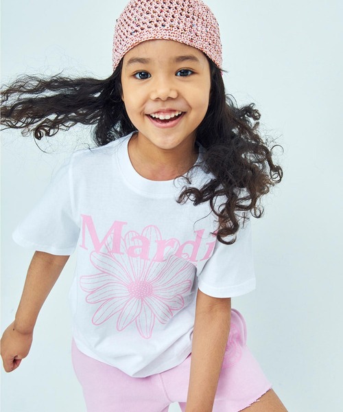 Mardi Mercredi（マルディメクルディ）の「KIDS TSHIRT FLOWERMARDI / キッズ Tシャツ フラワーマルディ（Tシャツ/カットソー・キッズ・ブラック/ホワイト×グリーン/ホワイト×ピンク・100cm/110cm/120cm/130cm）」の3枚目の写真