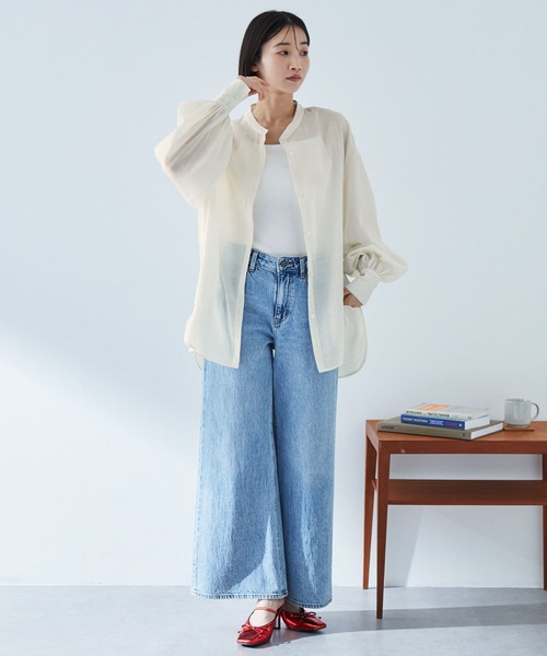 MONO-MART（モノマート）の「<接触冷感/ウォッシャブル/速乾>シアーボリュームスリーブバンドカラー長袖シャツ（シャツ/ブラウス・レディース・チャコール/ブルー系/ピンク系/ライトグリーン/ベージュ系/アイボリー・FREE）」の8枚目の写真