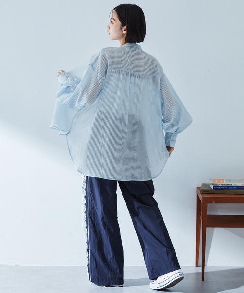 カットジャガード シアー 透け感 ボリュームスリーブ バンドカラー 長袖シャツ アーバンリサーチ URBAN RESEARCH カットジャガードバンドカラーシャツ