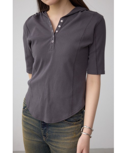 セール】ヘンリーネックフーディーリブトップス（Tシャツ