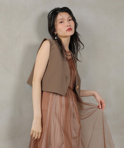 Kana（カナ）の「ショートジレ チュール キャミワンピ メニーウェイ レイヤード パーティー ドレス 結婚式 お呼ばれ オケージョン（ドレス・レディース・ブラック/グレー/ブラウン・M）」の3枚目の写真