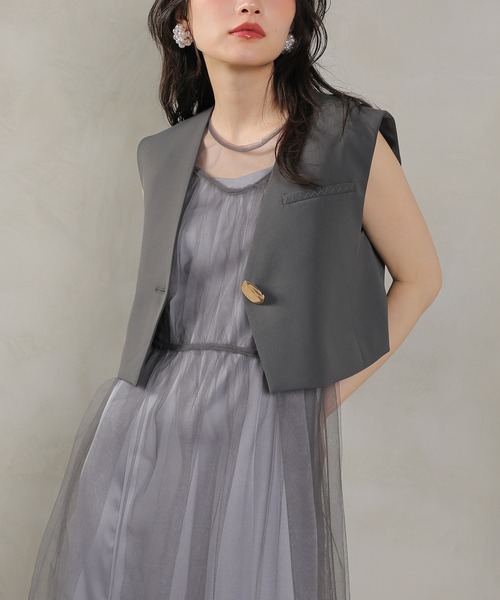 Kana（カナ）の「ショートジレ チュール キャミワンピ メニーウェイ レイヤード パーティー ドレス 結婚式 お呼ばれ オケージョン（ドレス・レディース・ブラック/グレー/ブラウン・M）」の15枚目の写真