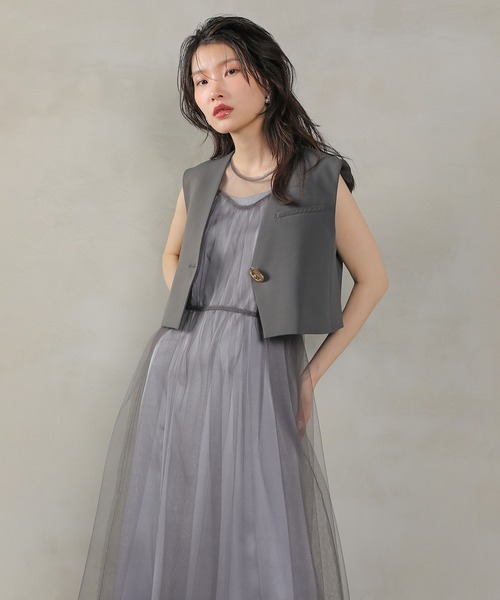 Kana（カナ）の「ショートジレ チュール キャミワンピ メニーウェイ レイヤード パーティー ドレス 結婚式 お呼ばれ オケージョン（ドレス・レディース・ブラック/グレー/ブラウン・M）」の16枚目の写真
