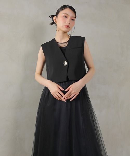 Kana（カナ）の「ショートジレ チュール キャミワンピ メニーウェイ レイヤード パーティー ドレス 結婚式 お呼ばれ オケージョン（ドレス・レディース・ブラック/グレー/ブラウン・M）」の9枚目の写真